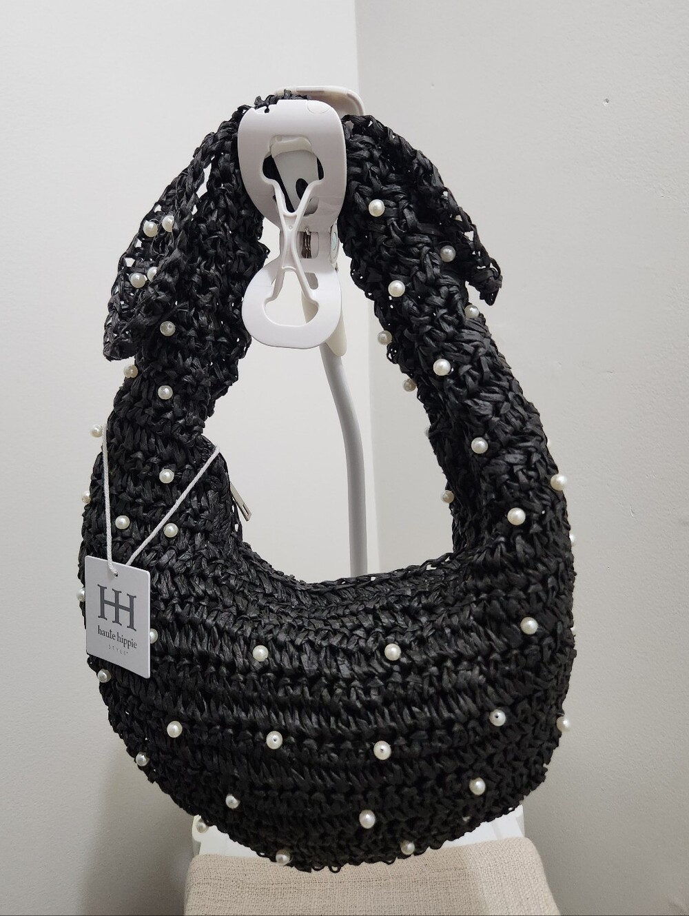 Handwoven Black Pearl-Embellished Hobo Bag
